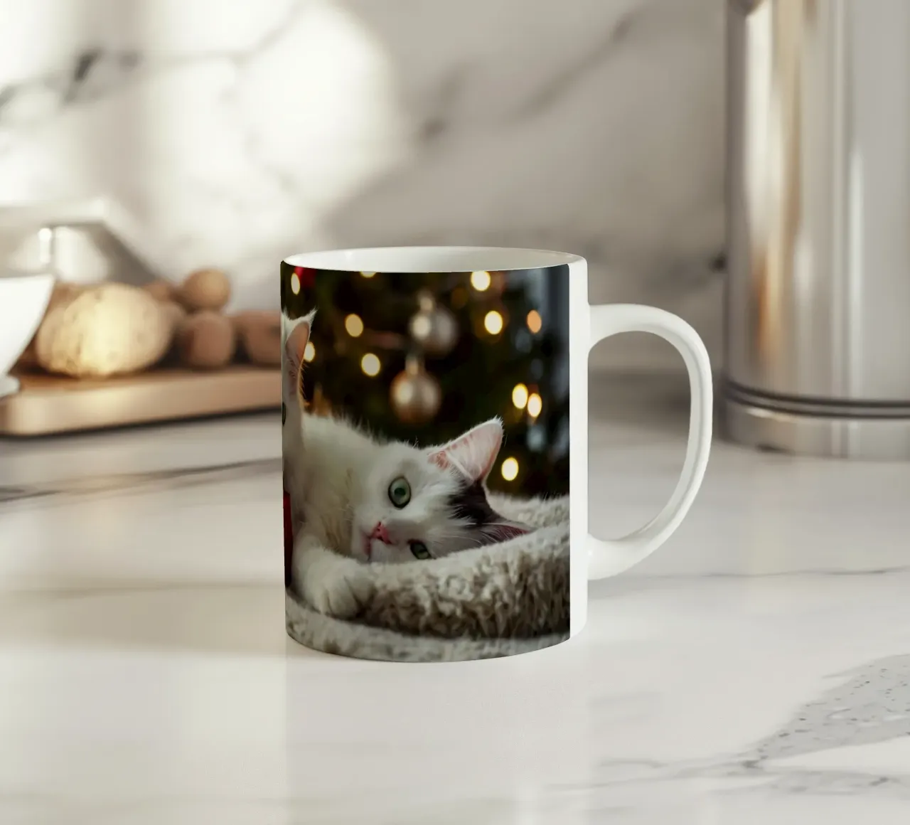 Two fluffy cats relaxing near a decorated Christmas tree ceramic mug by DesignDoodle