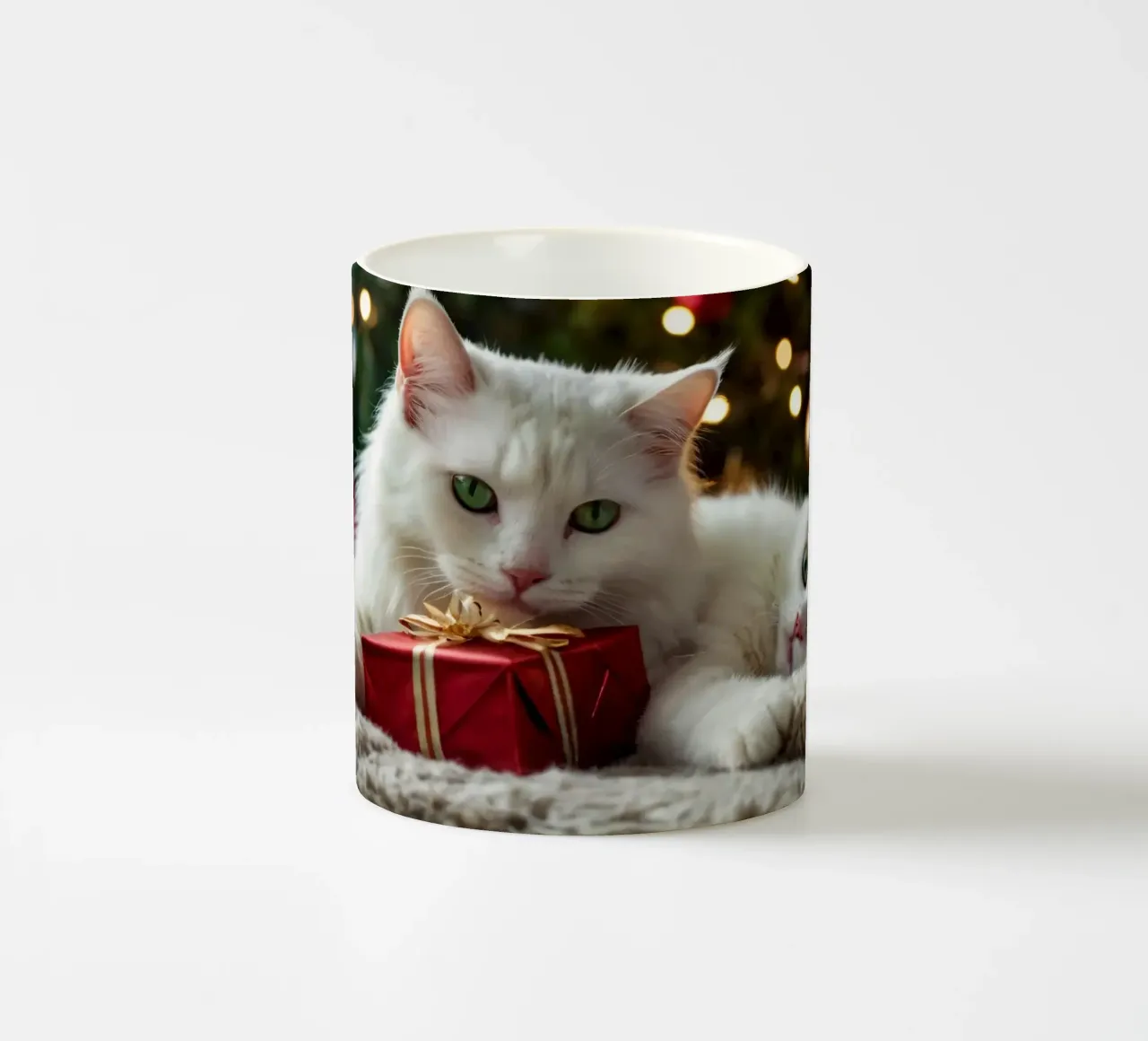 Two fluffy cats relaxing near a decorated Christmas tree ceramic mug by DesignDoodle