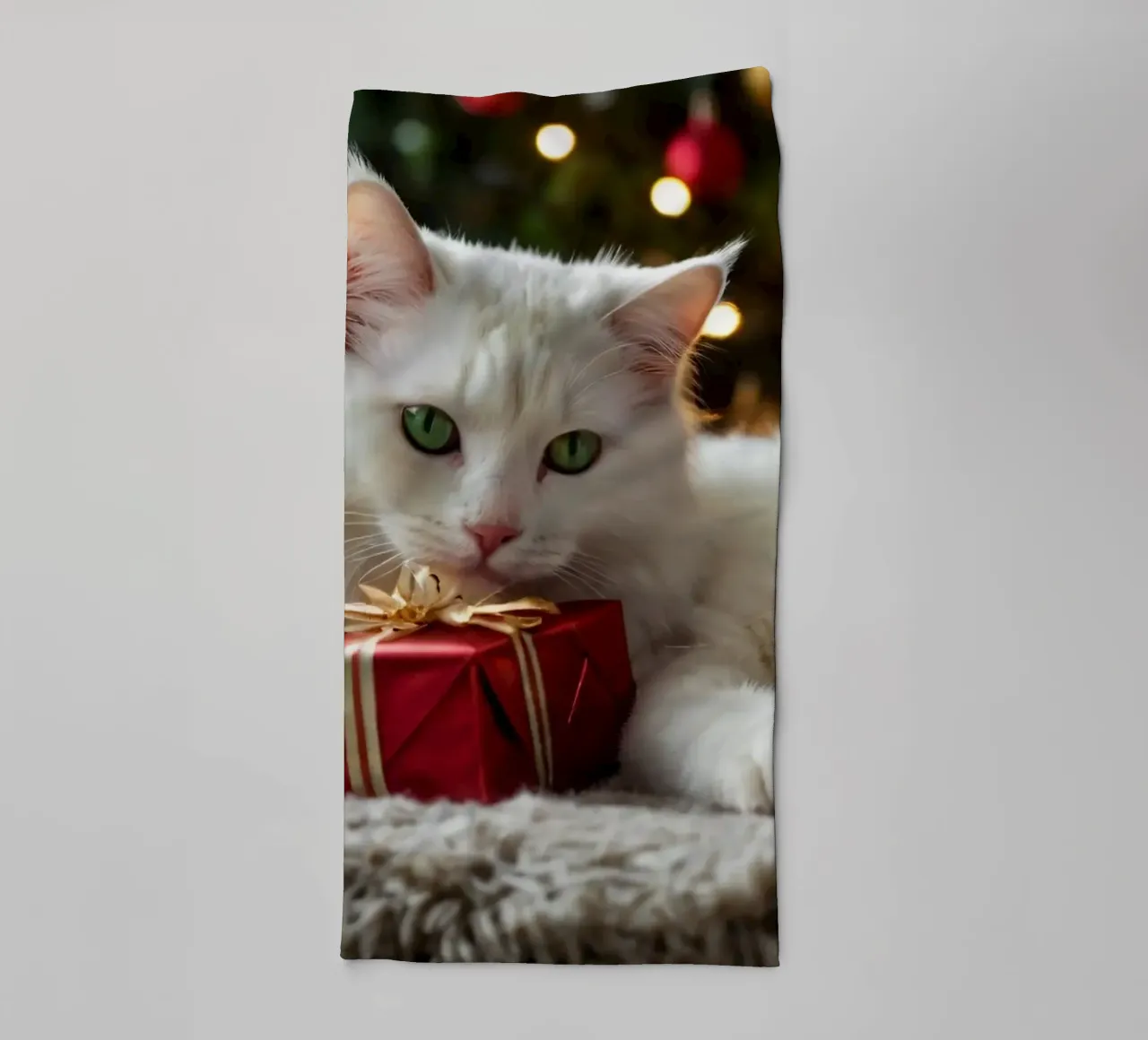 Two fluffy cats relaxing near a decorated Christmas tree towel by DesignDoodle