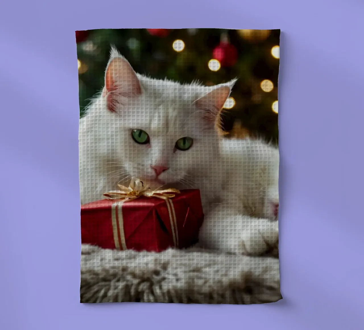 Deux chats pelucheux se reposant près d'un arbre de Noël décoré torchon de DesignDoodle