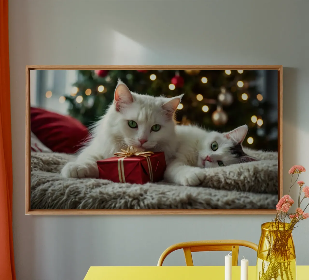 Two fluffy cats relaxing near a decorated Christmas tree canvas with Floater frame by DesignDoodle