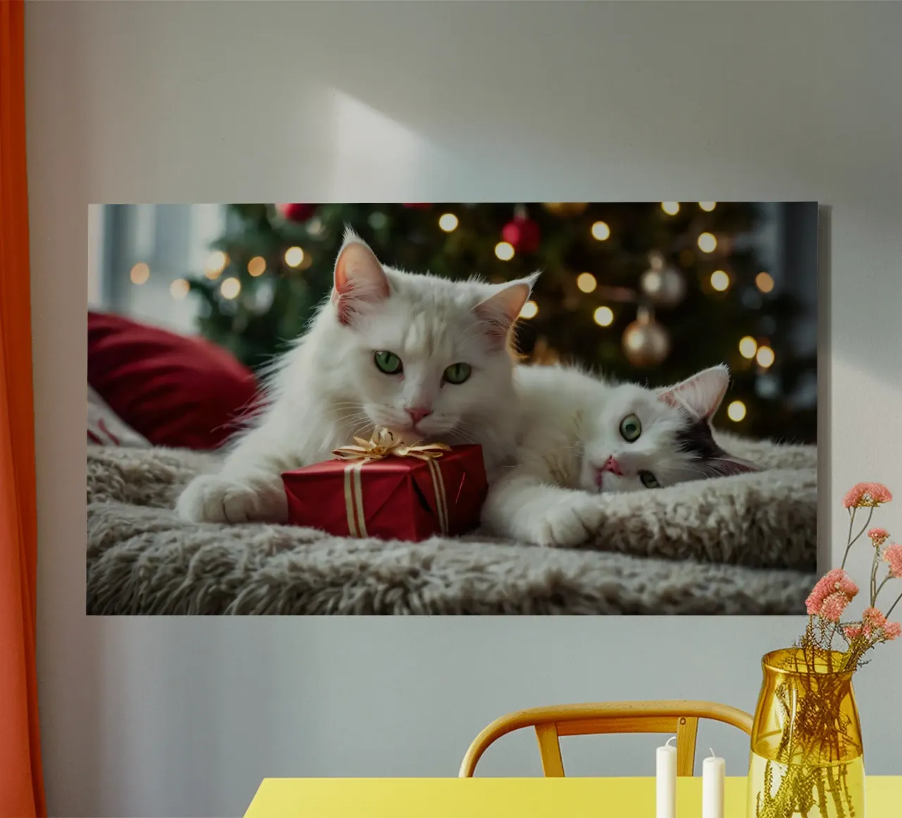 Two fluffy cats relaxing near a decorated Christmas tree canvas with Floater frame by DesignDoodle