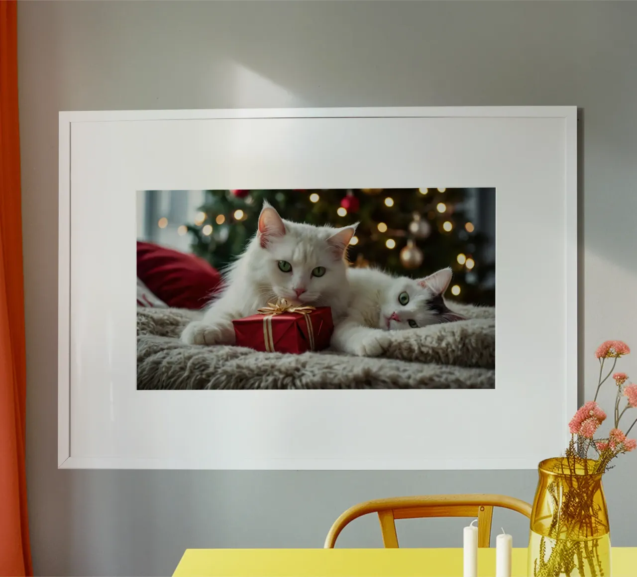 Due soffici gatti che si rilassano vicino a un albero di Natale decorato poster con telaio in plastica da DesignDoodle