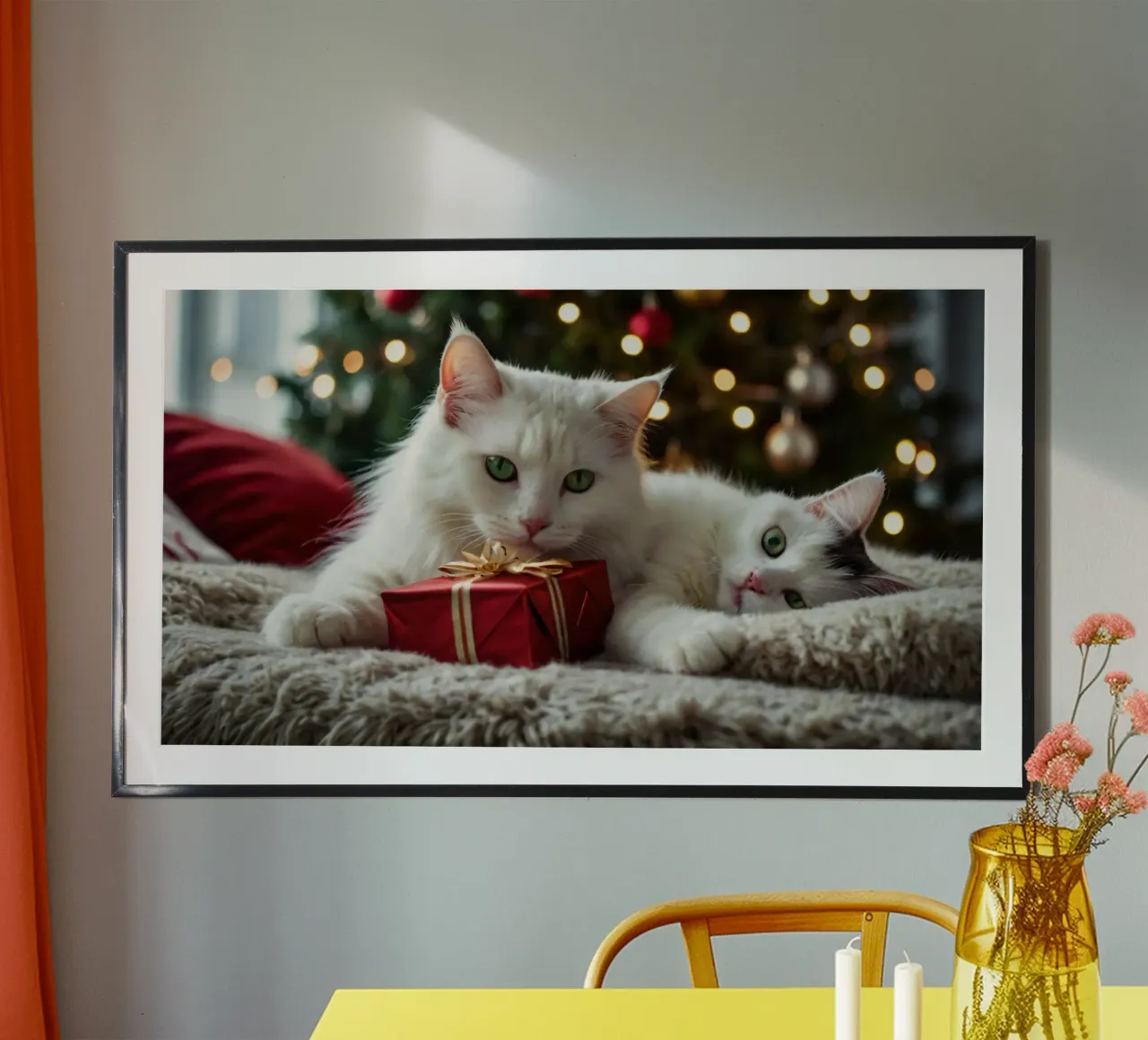 Due soffici gatti che si rilassano vicino a un albero di Natale decorato poster con telaio in plastica da DesignDoodle