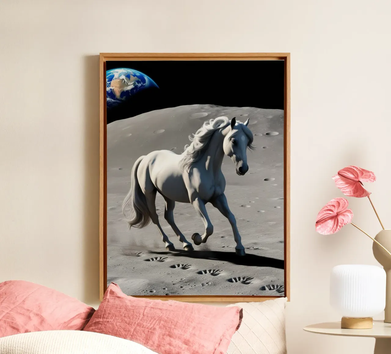 Pferd auf dem Mond tela con Cornice a cassetta da Poster Dreams