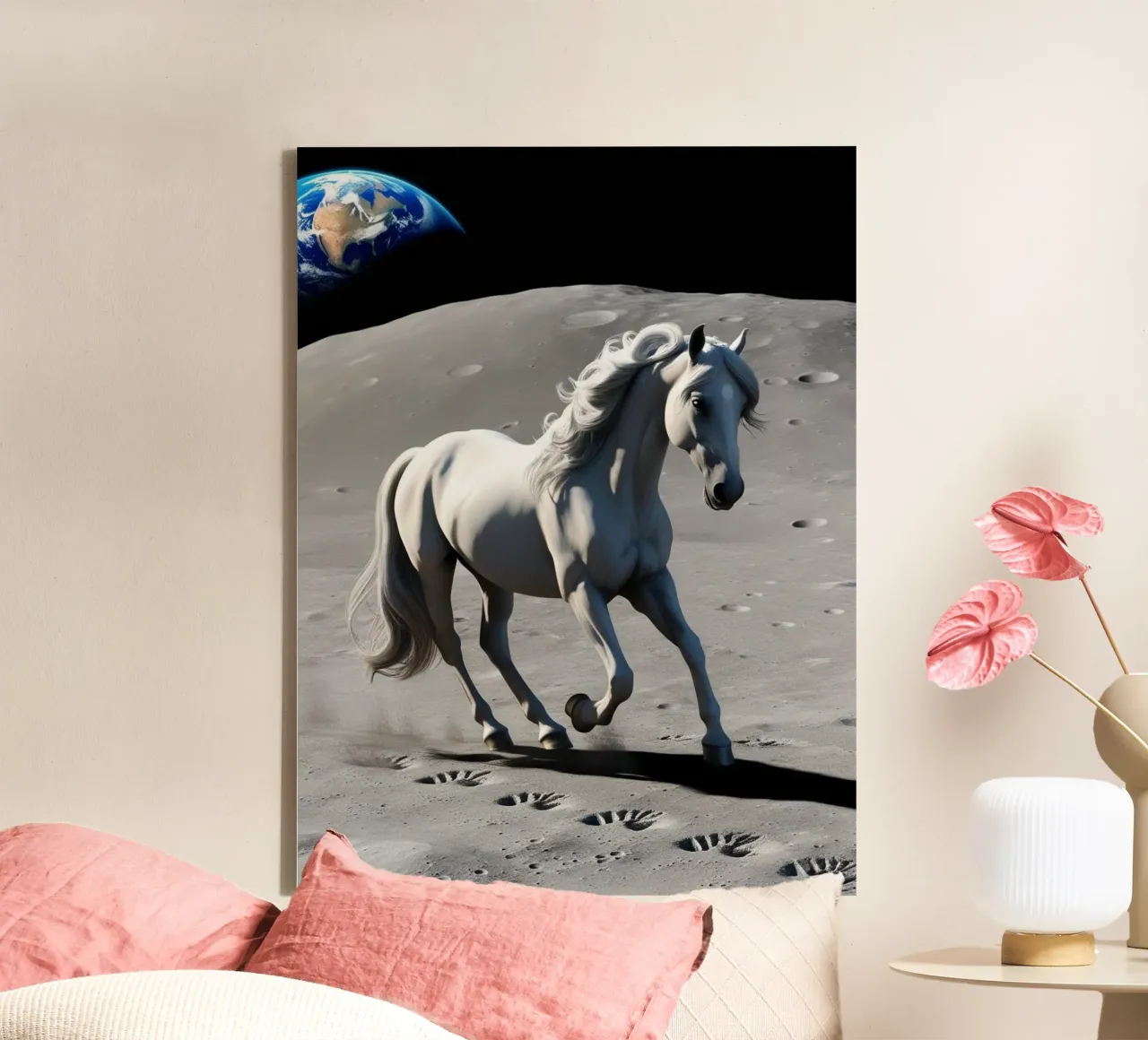 Pferd auf dem Mond tela con Cornice a cassetta da Poster Dreams