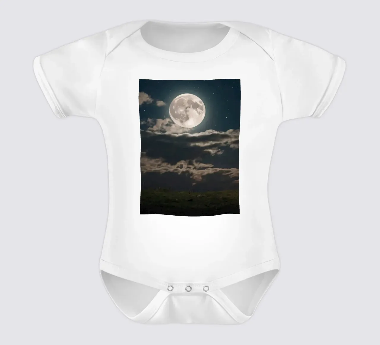 A lone sheep gazes at the bright full moon in a starlit sky short-sleeve baby romper by DesignDoodle