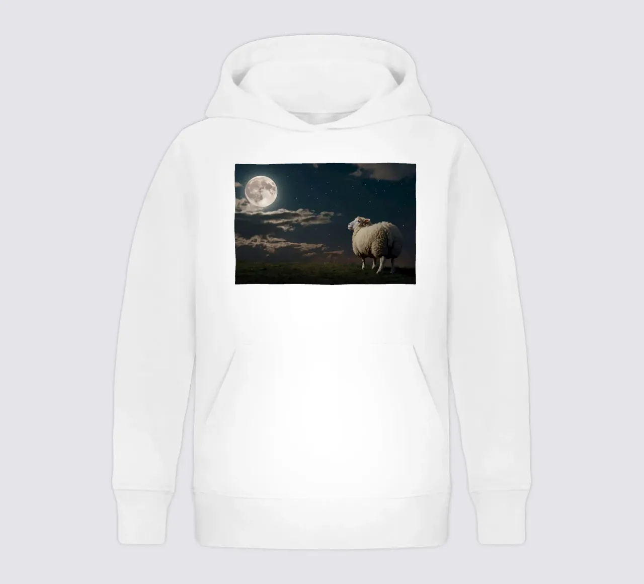 A lone sheep gazes at the bright full moon in a starlit sky kids hoodie by DesignDoodle