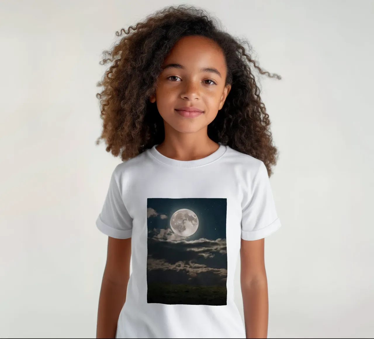 A lone sheep gazes at the bright full moon in a starlit sky kids t-shirt by DesignDoodle