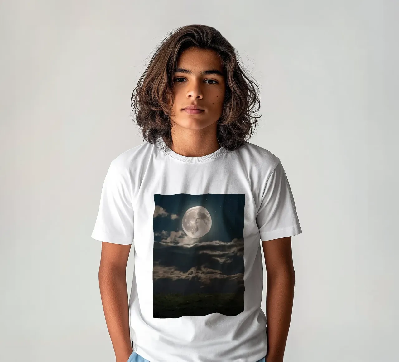 A lone sheep gazes at the bright full moon in a starlit sky kids t-shirt by DesignDoodle
