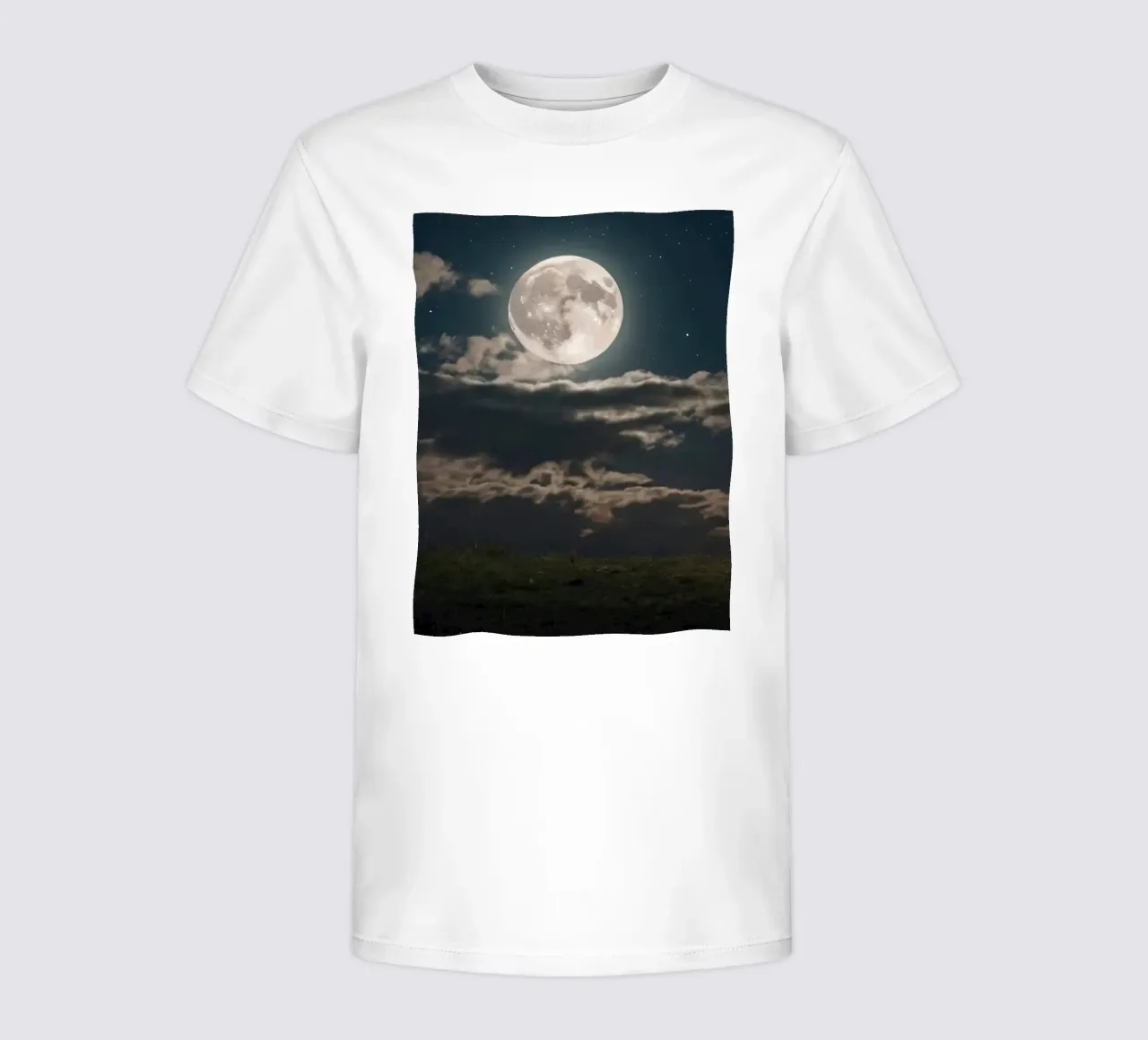 A lone sheep gazes at the bright full moon in a starlit sky kids t-shirt by DesignDoodle