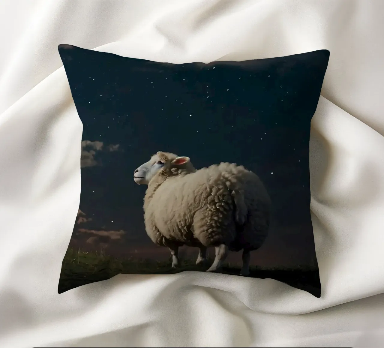 A lone sheep gazes at the bright full moon in a starlit sky decorative cushion by DesignDoodle