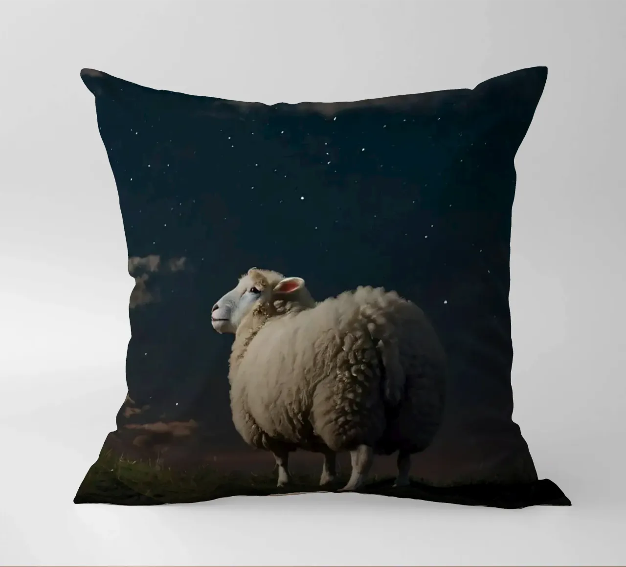 A lone sheep gazes at the bright full moon in a starlit sky decorative cushion by DesignDoodle