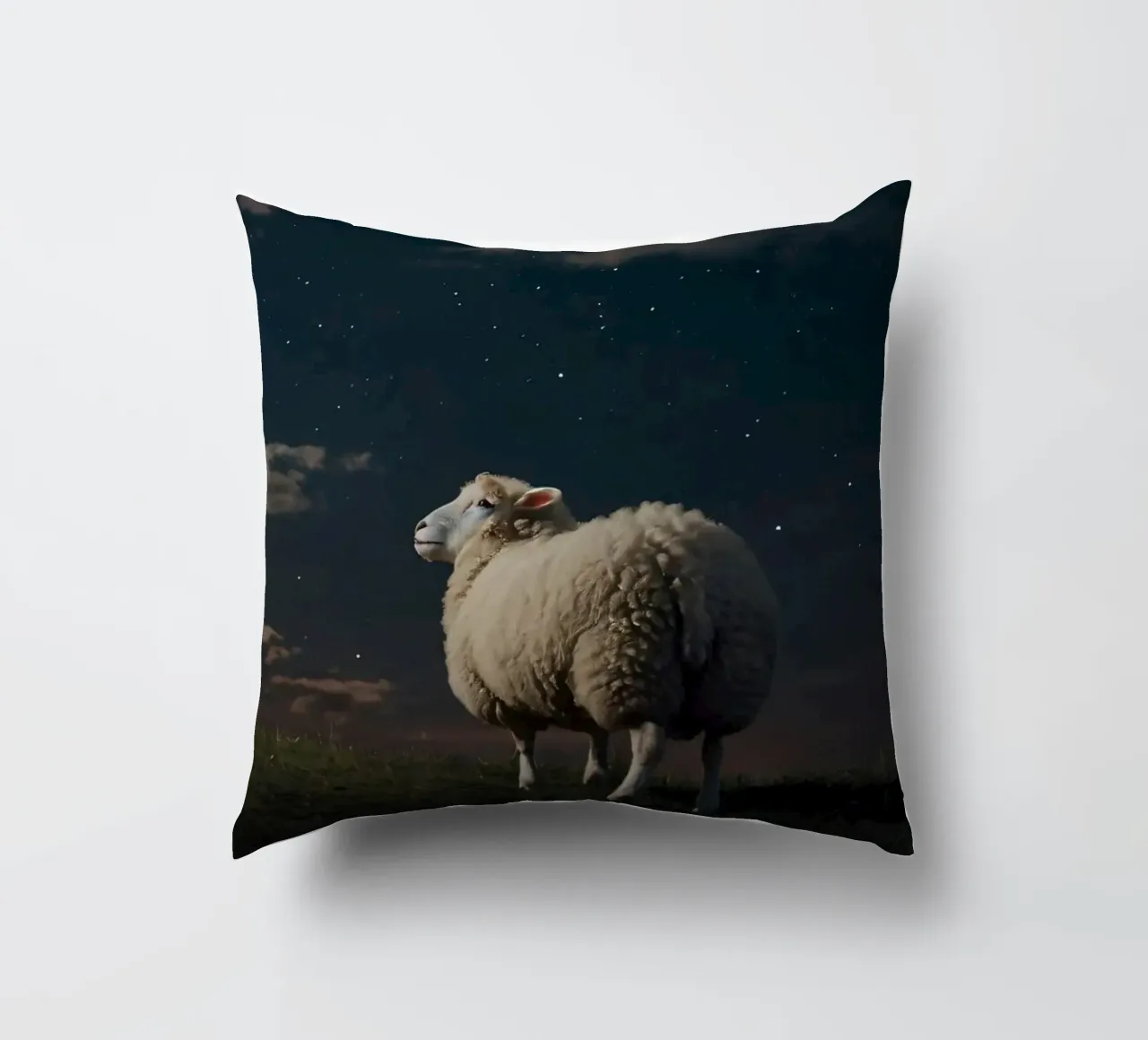 A lone sheep gazes at the bright full moon in a starlit sky decorative cushion by DesignDoodle