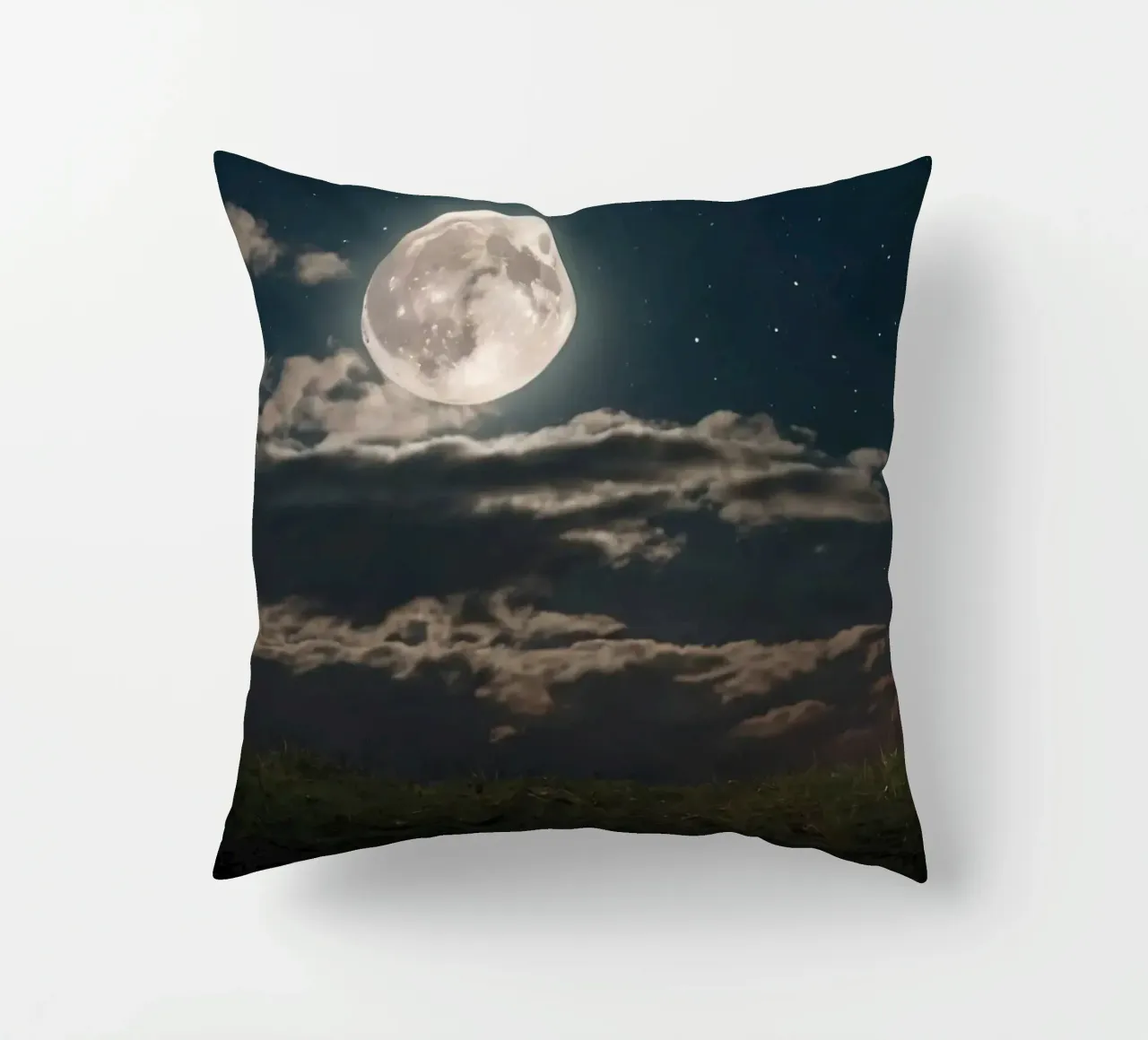 A lone sheep gazes at the bright full moon in a starlit sky decorative cushion by DesignDoodle
