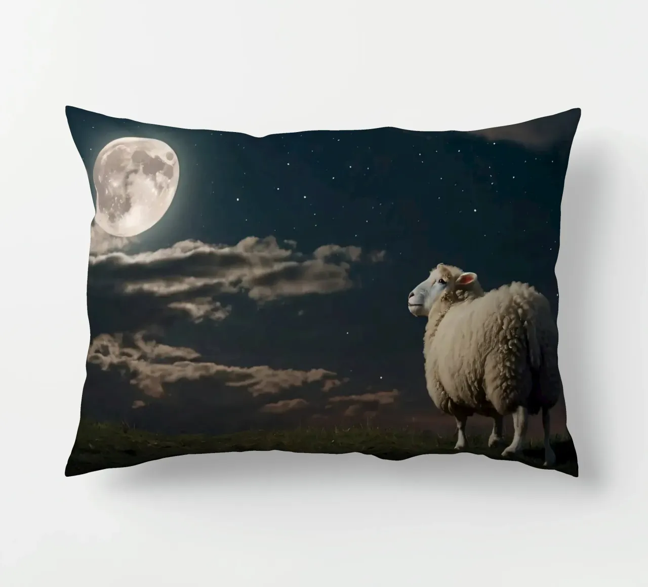 A lone sheep gazes at the bright full moon in a starlit sky decorative cushion by DesignDoodle