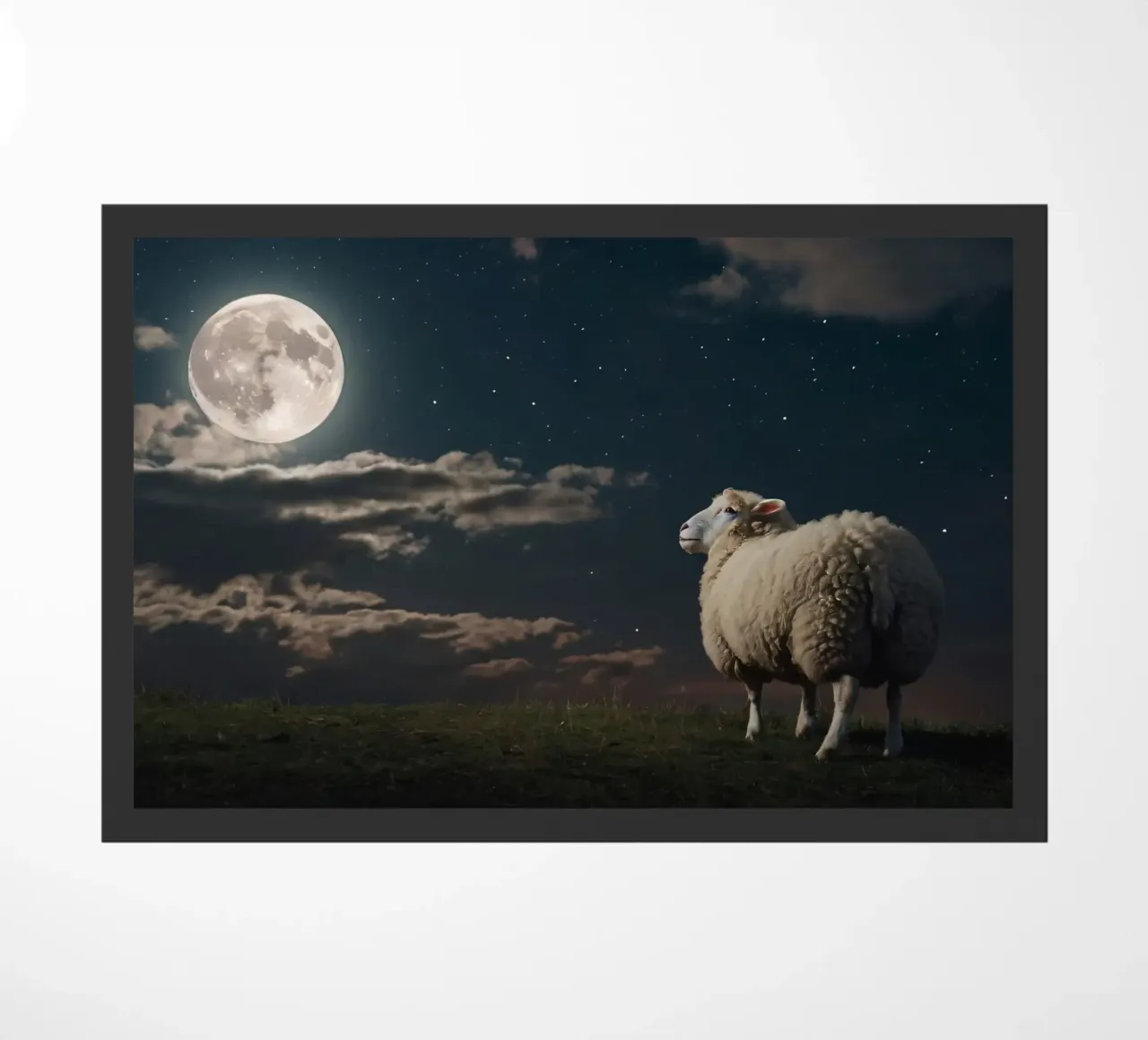 A lone sheep gazes at the bright full moon in a starlit sky doormat by DesignDoodle
