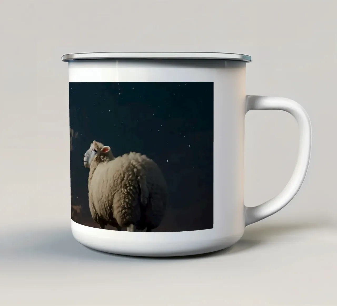 A lone sheep gazes at the bright full moon in a starlit sky enamel mug by DesignDoodle