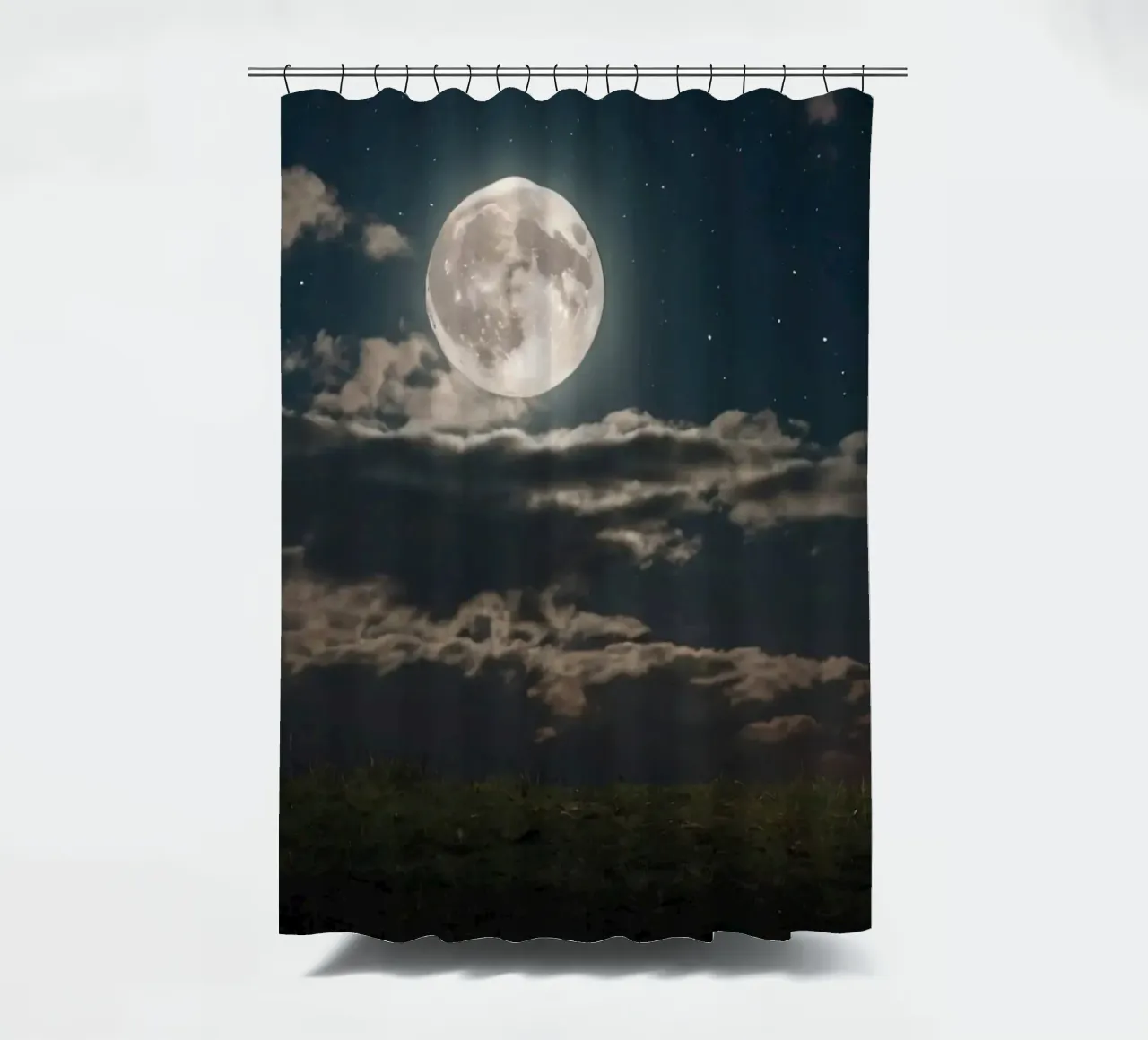 A lone sheep gazes at the bright full moon in a starlit sky shower curtain by DesignDoodle
