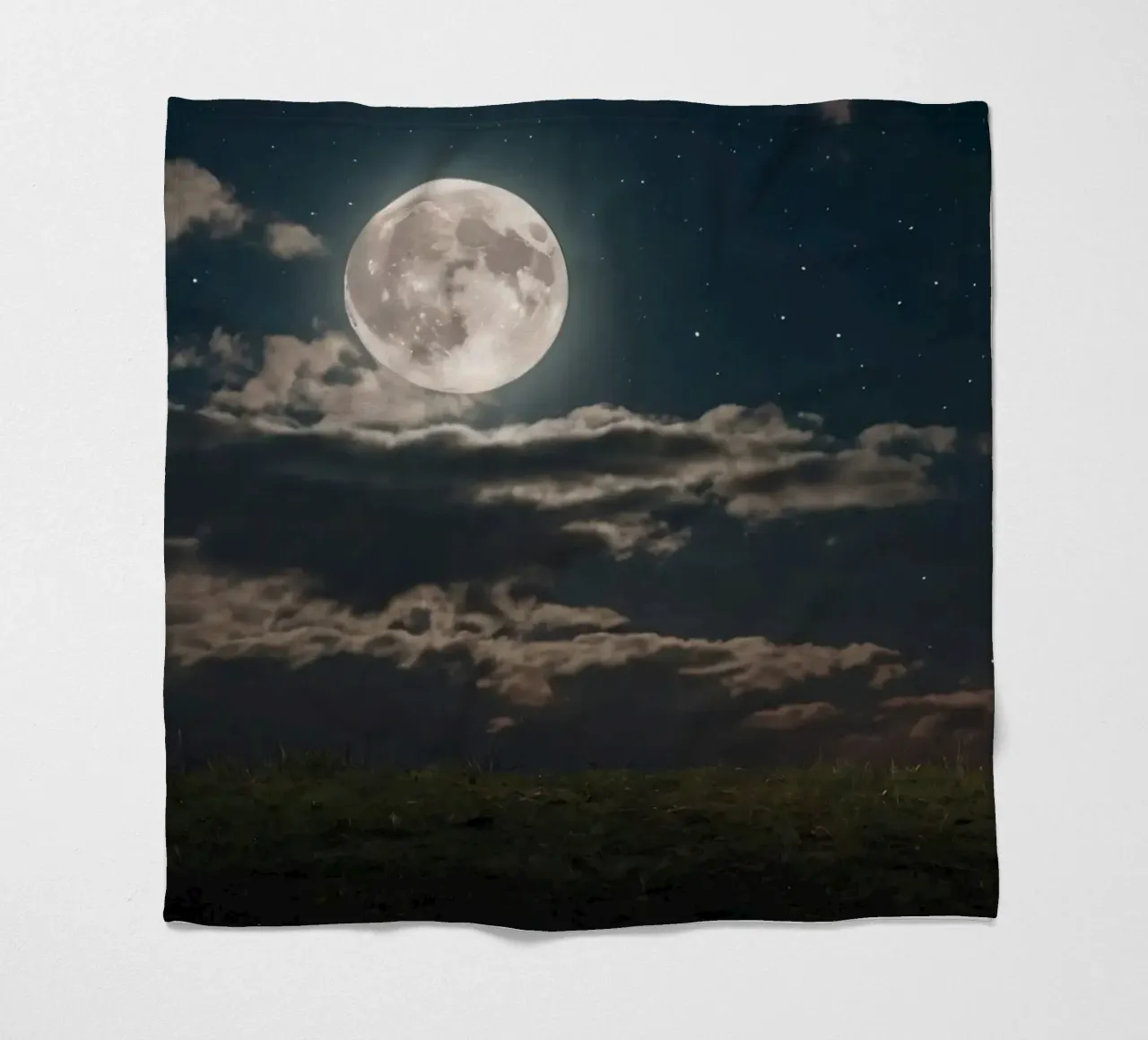 A lone sheep gazes at the bright full moon in a starlit sky fleece blanket by DesignDoodle