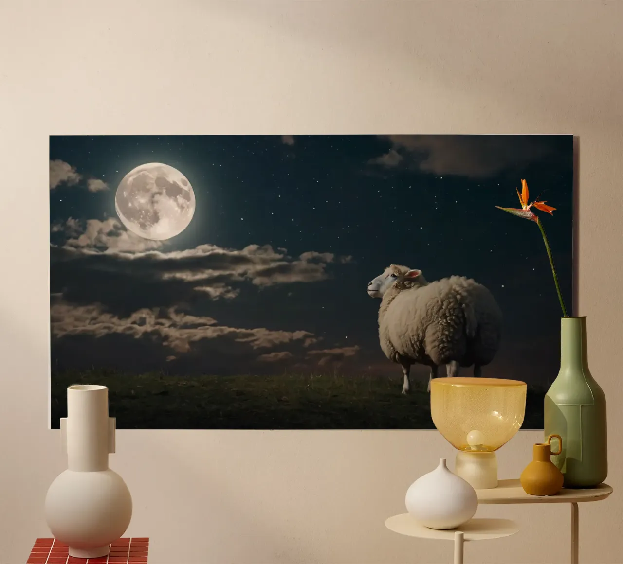 A lone sheep gazes at the bright full moon in a starlit sky alu-dibond by DesignDoodle