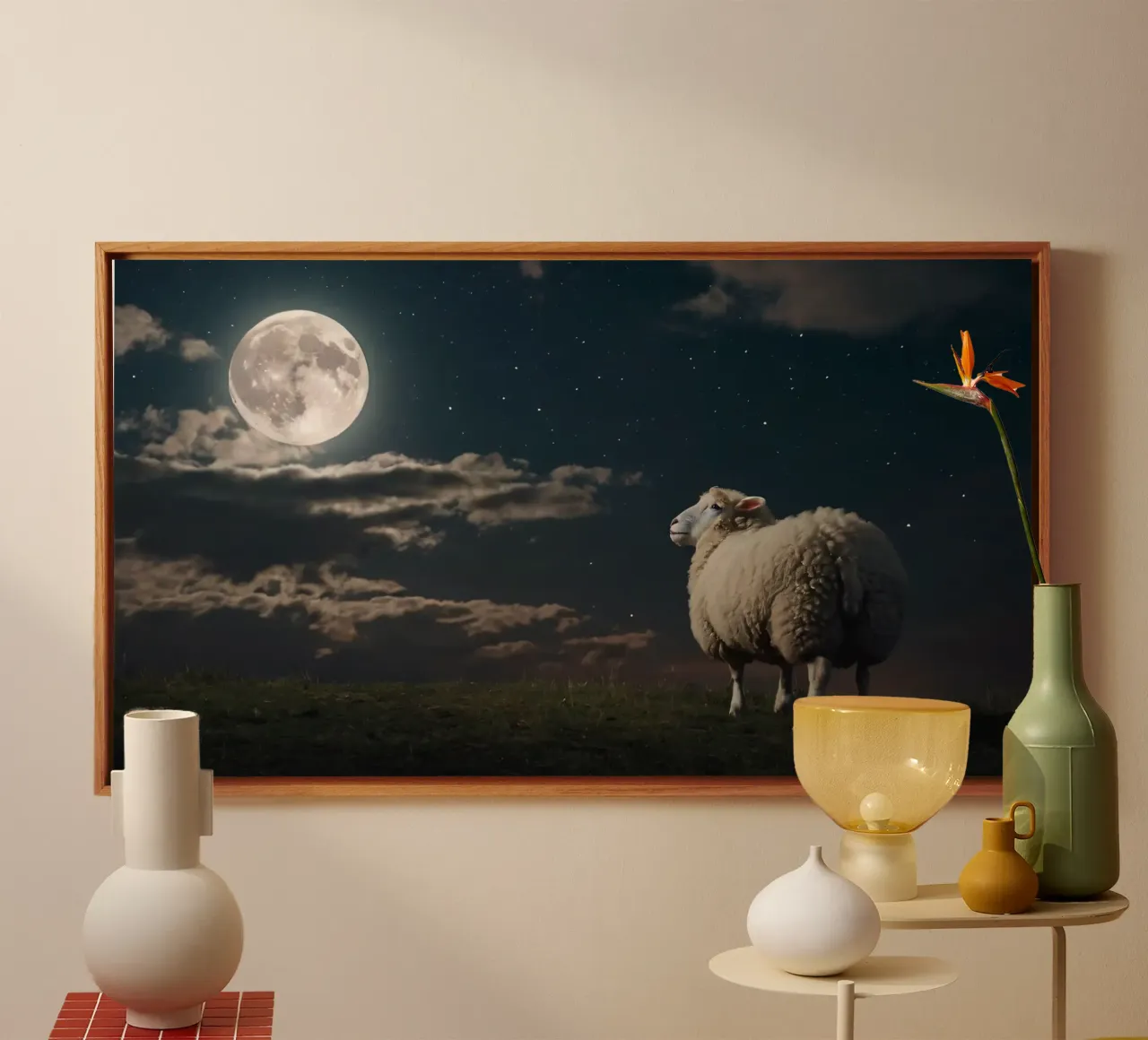 A lone sheep gazes at the bright full moon in a starlit sky canvas by DesignDoodle