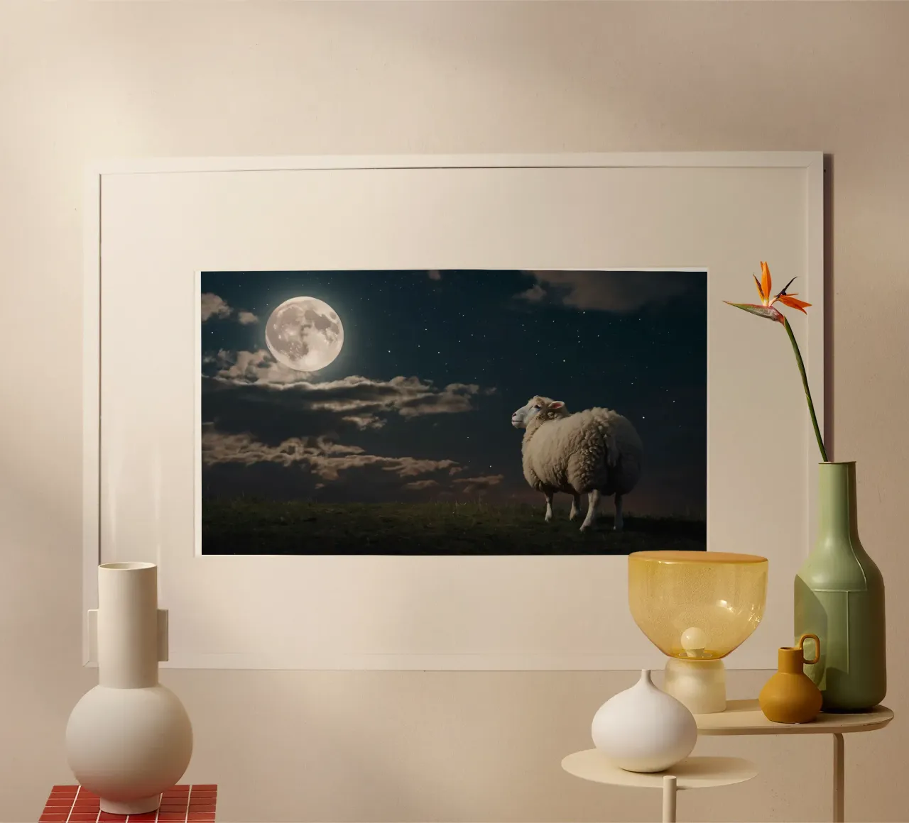 A lone sheep gazes at the bright full moon in a starlit sky hahnemühle by DesignDoodle