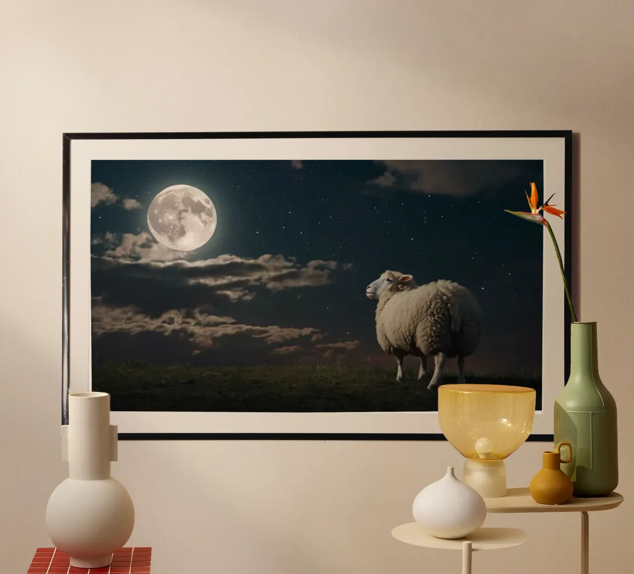 A lone sheep gazes at the bright full moon in a starlit sky hahnemühle by DesignDoodle