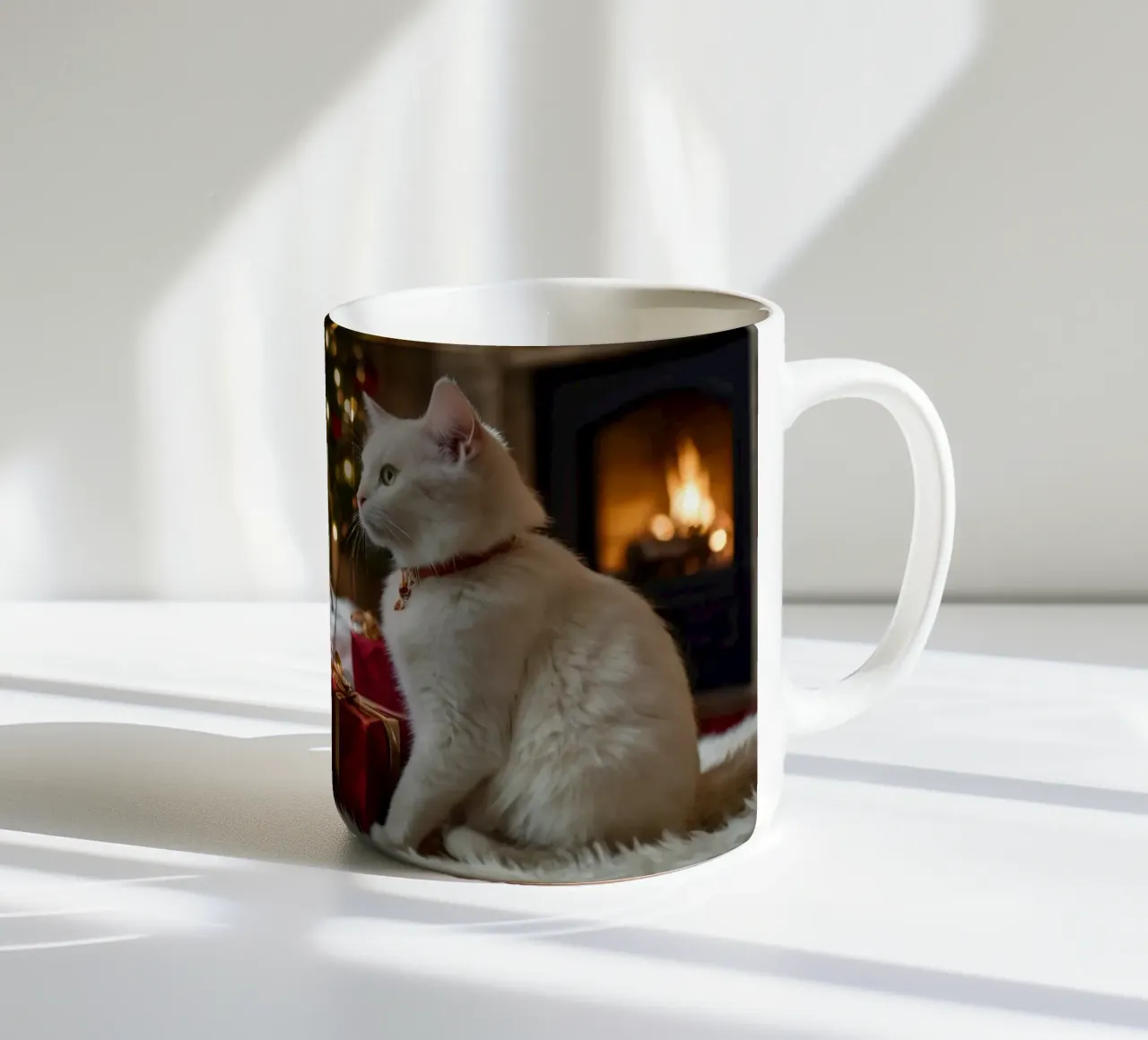 White cats sitting near a Christmas tree surrounded by gifts ceramic mug by DesignDoodle