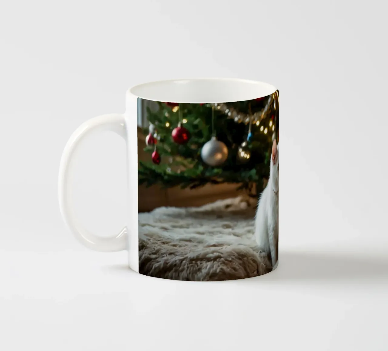 White cats sitting near a Christmas tree surrounded by gifts ceramic mug by DesignDoodle