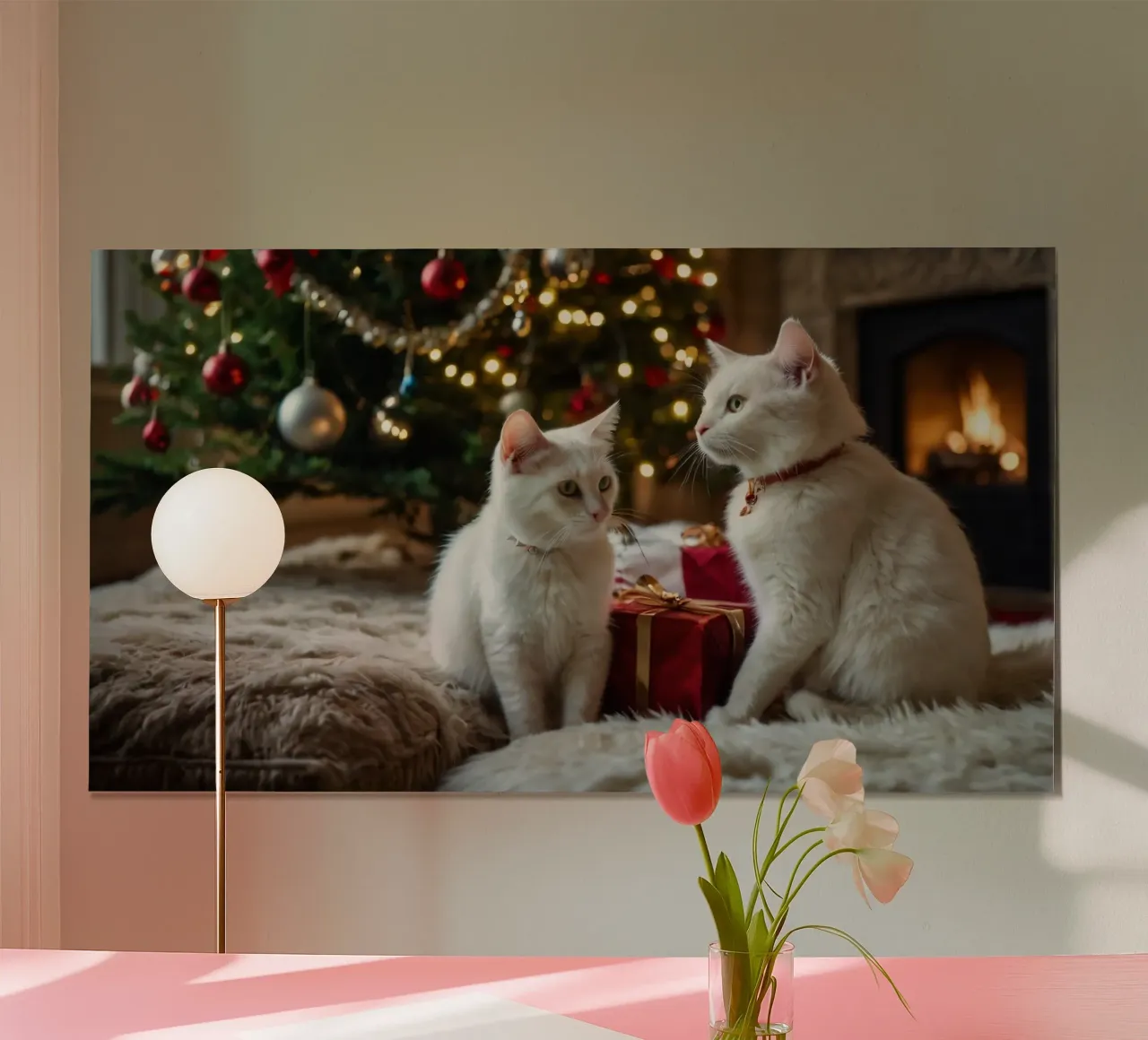 Gatti bianchi seduti vicino a un albero di Natale circondato da regali poster con telaio in plastica da DesignDoodle