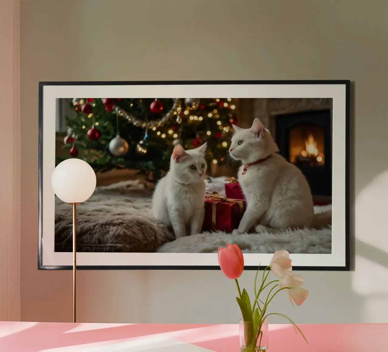 Gatti bianchi seduti vicino a un albero di Natale circondato da regali poster con telaio in plastica da DesignDoodle