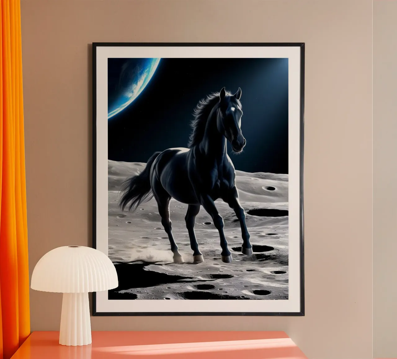 Schwarzes Pferd auf dem Mond poster da Poster Dreams