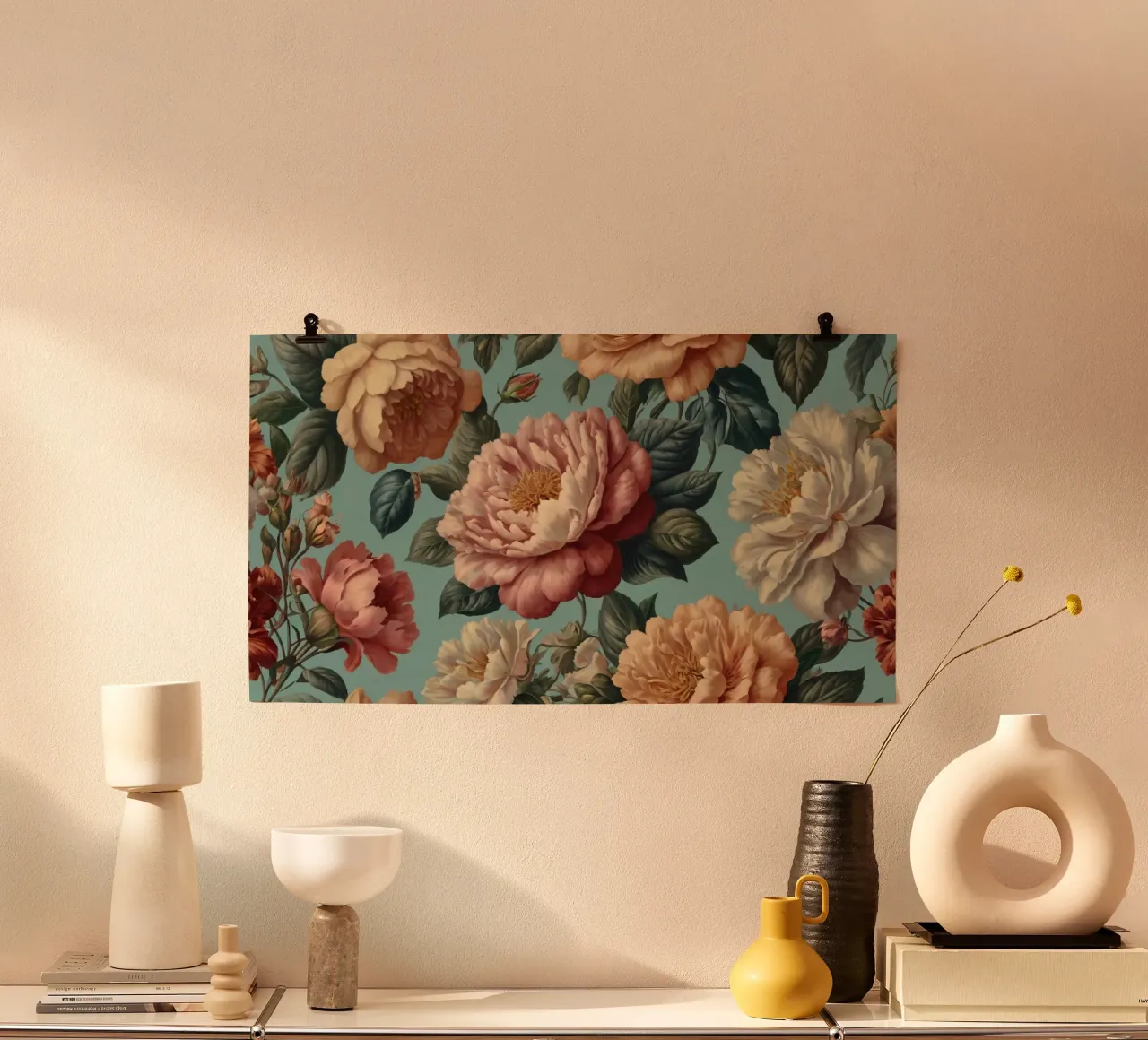 Prachtig gebloemd behangontwerp met diverse bloemen poster met houten frame van DesignDoodle