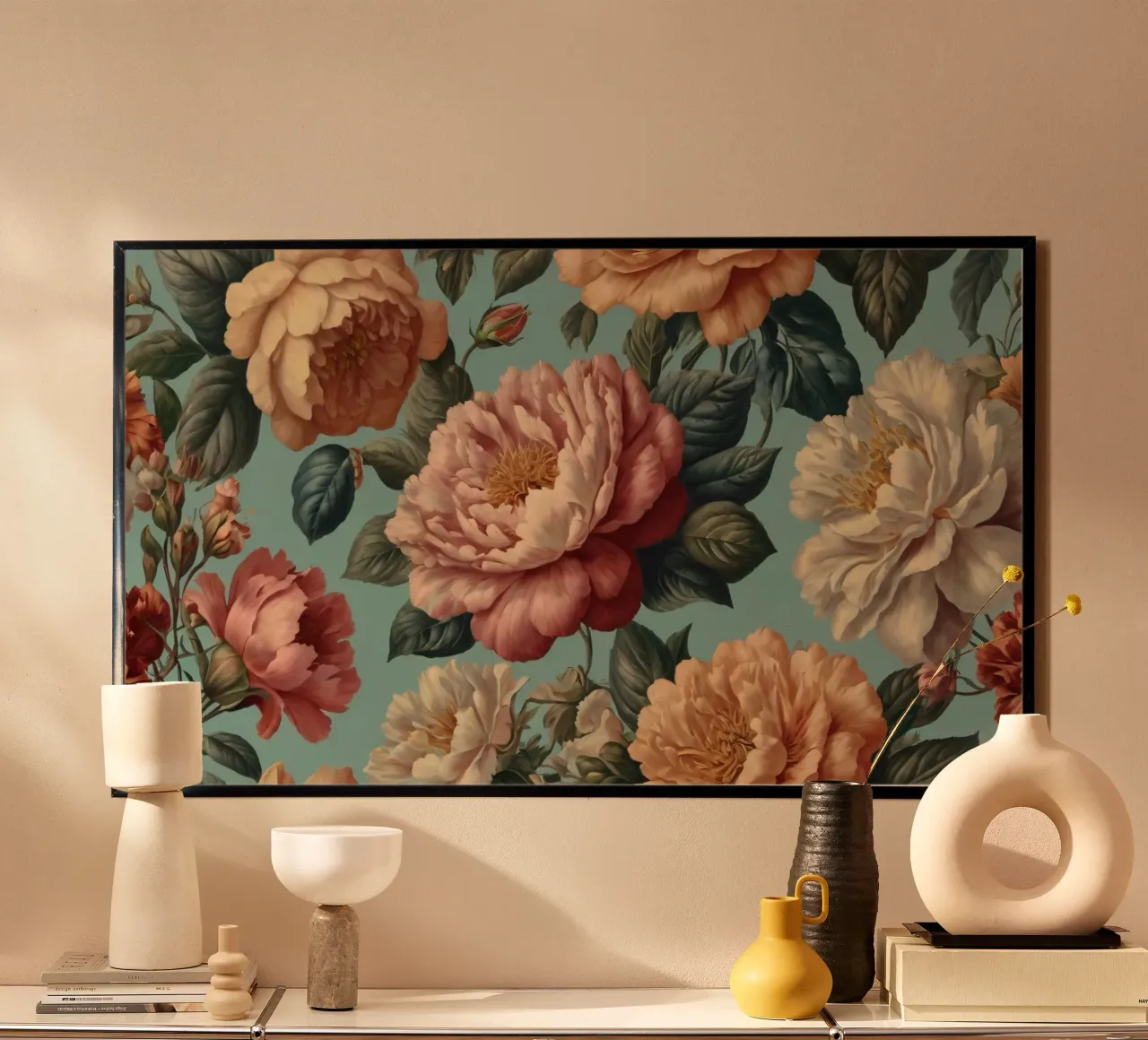 Prachtig gebloemd behangontwerp met diverse bloemen poster met houten frame van DesignDoodle