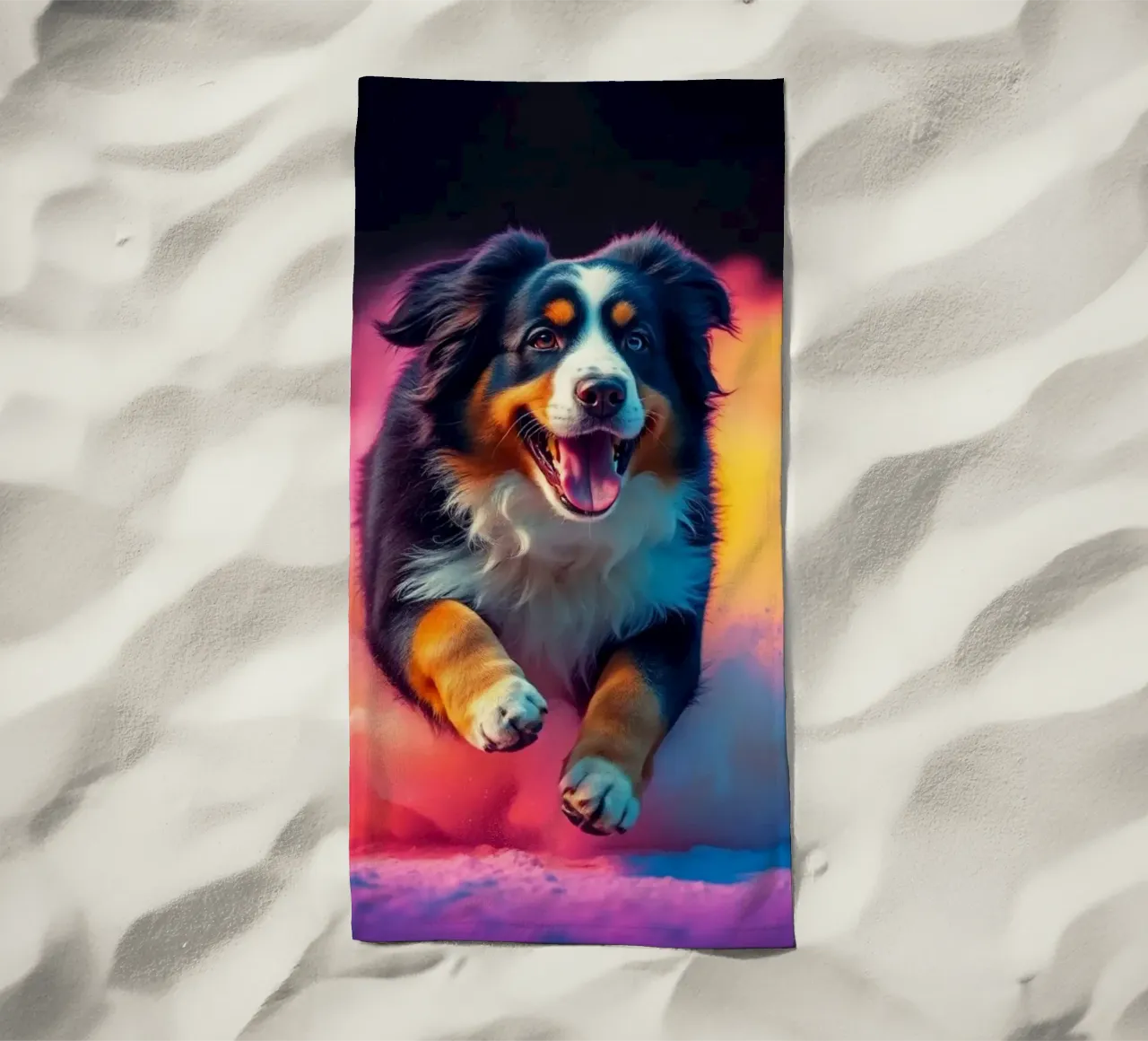 The colorful Bernese Mountain Dog #56 beach towel by Yumis.Beargang.and.Me