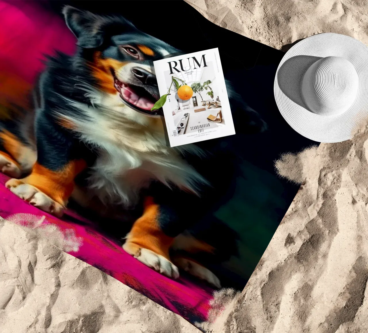 The colorful Bernese Mountain Dog #59 beach towel by Yumis.Beargang.and.Me