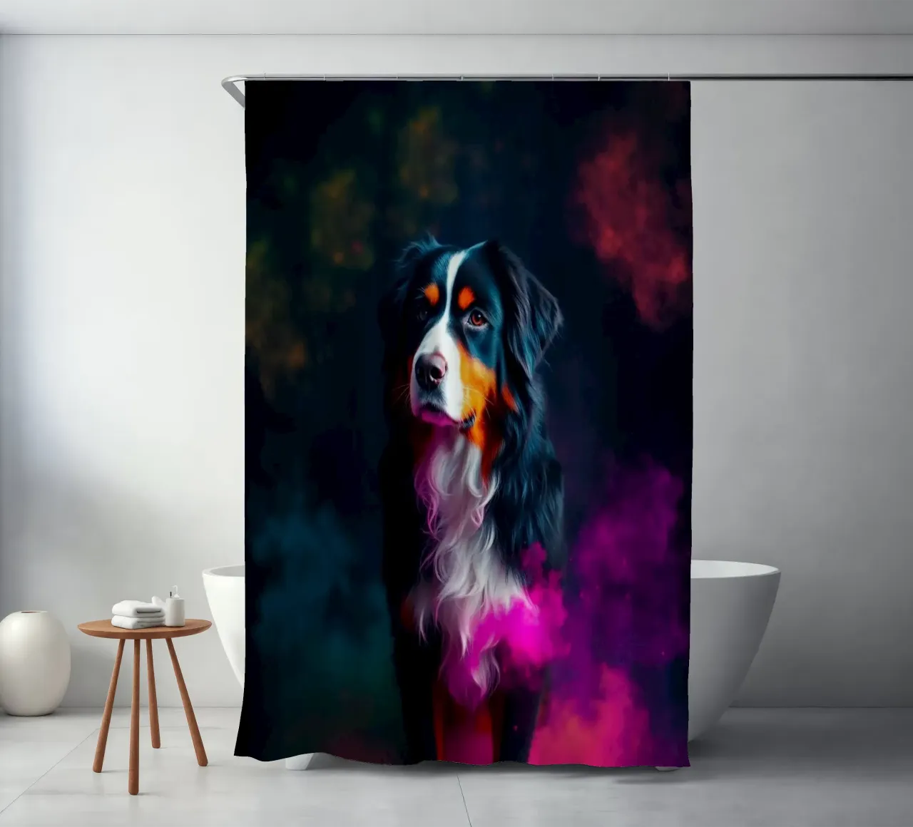 The colorful Bernese Mountain Dog #63 shower curtain by Yumis.Beargang.and.Me