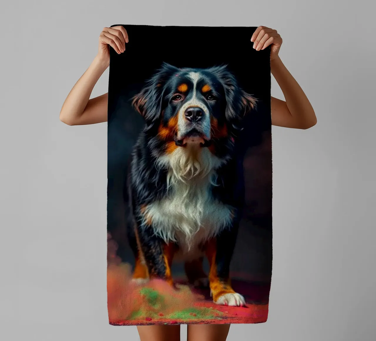 The colorful Bernese Mountain Dog #65 towel by Yumis.Beargang.and.Me