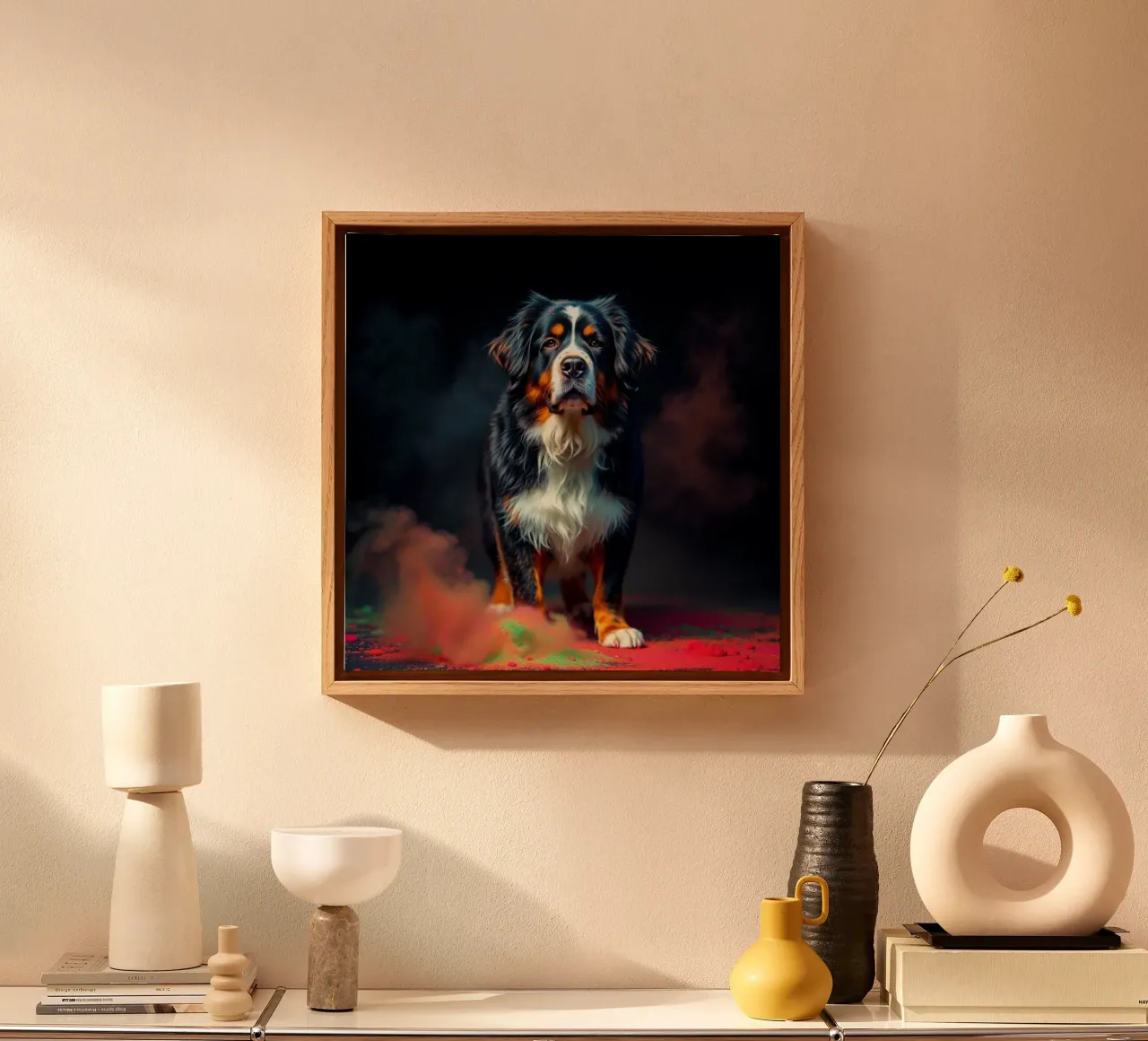 The colorful Bernese Mountain Dog #65 canvas with Floater frame by Yumis.Beargang.and.Me