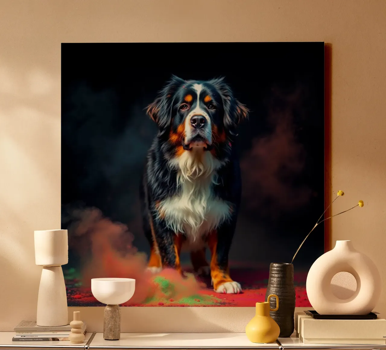 The colorful Bernese Mountain Dog #65 canvas with Floater frame by Yumis.Beargang.and.Me
