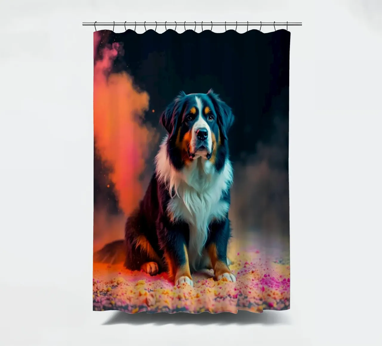 The colorful Bernese Mountain Dog #66 shower curtain by Yumis.Beargang.and.Me