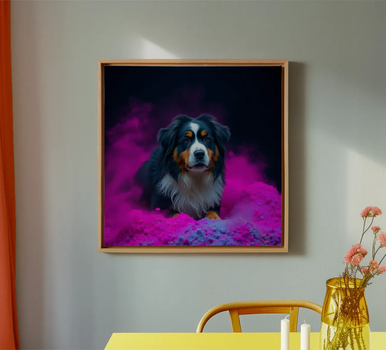 The colorful Bernese Mountain Dog #67 canvas with Floater frame by Yumis.Beargang.and.Me