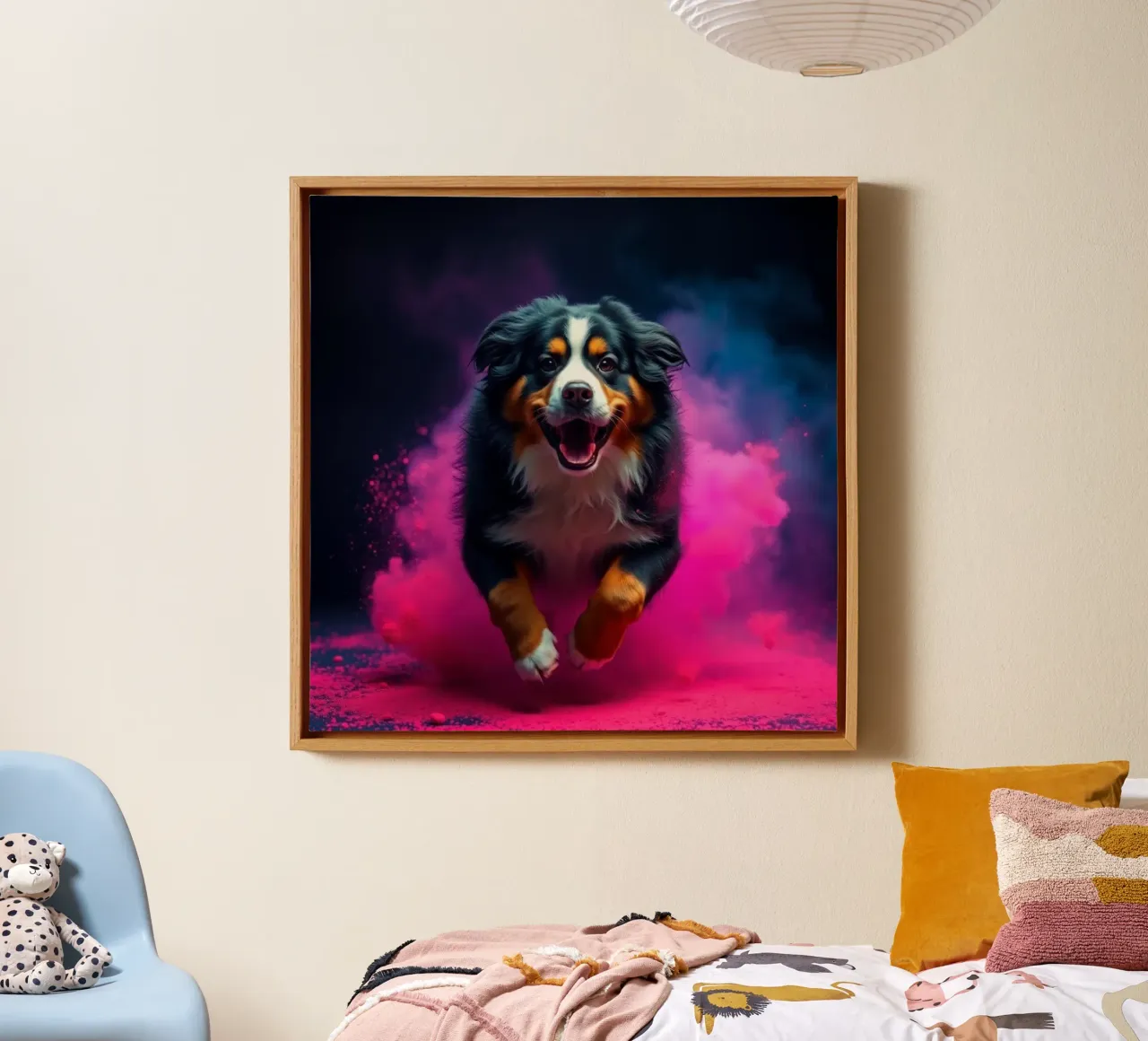 The colorful Bernese Mountain Dog #68 canvas with Floater frame by Yumis.Beargang.and.Me