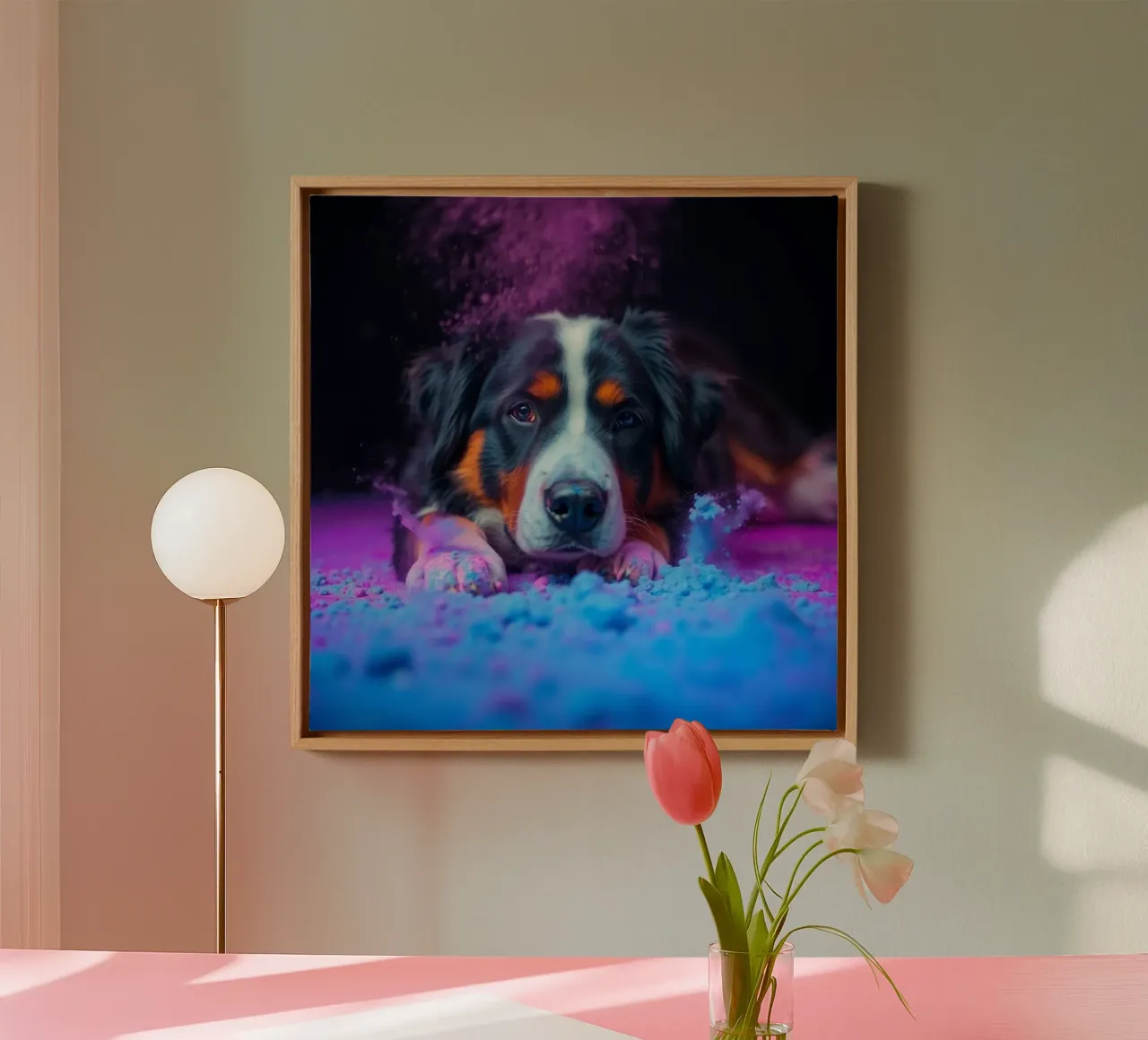 The colorful Bernese Mountain Dog #69 canvas with Floater frame by Yumis.Beargang.and.Me