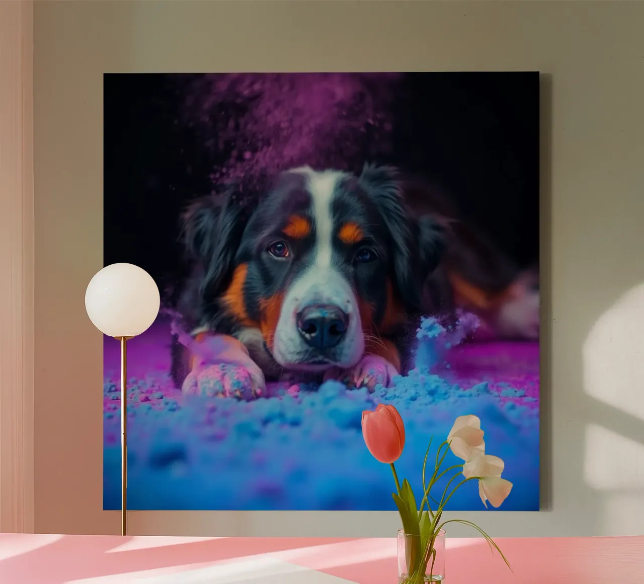 The colorful Bernese Mountain Dog #69 canvas with Floater frame by Yumis.Beargang.and.Me