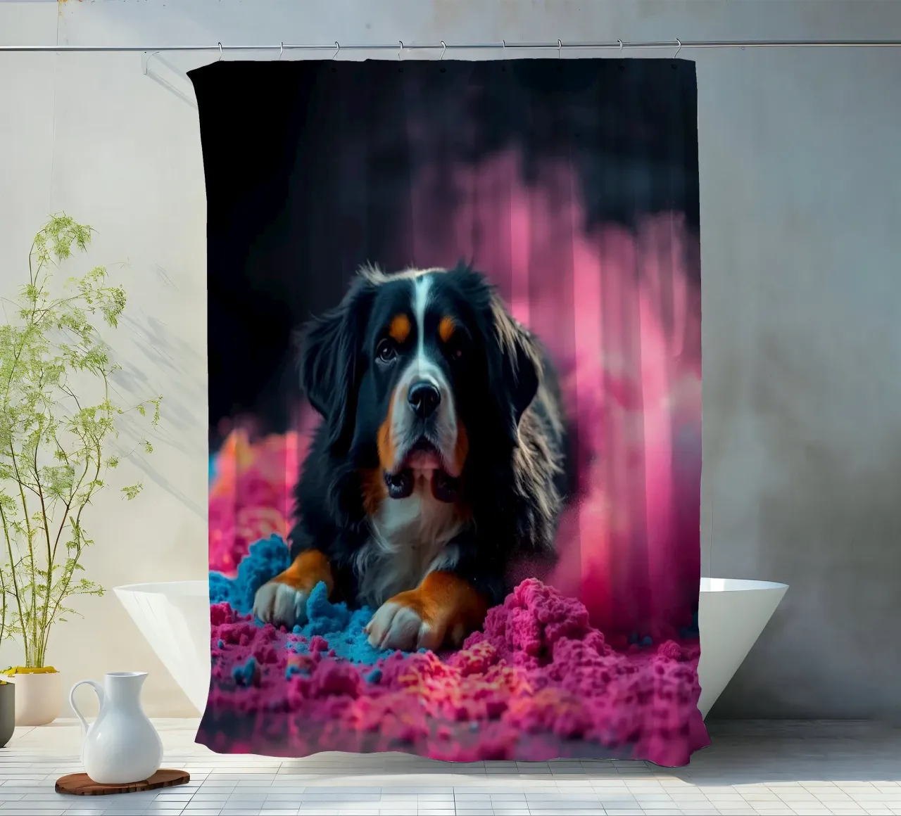 The colorful Bernese Mountain Dog #72 shower curtain by Yumis.Beargang.and.Me