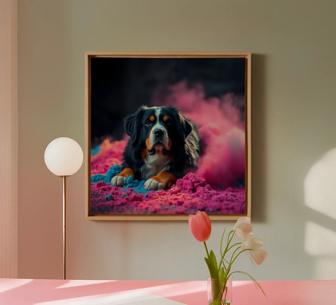 The colorful Bernese Mountain Dog #72 canvas with Floater frame by Yumis.Beargang.and.Me
