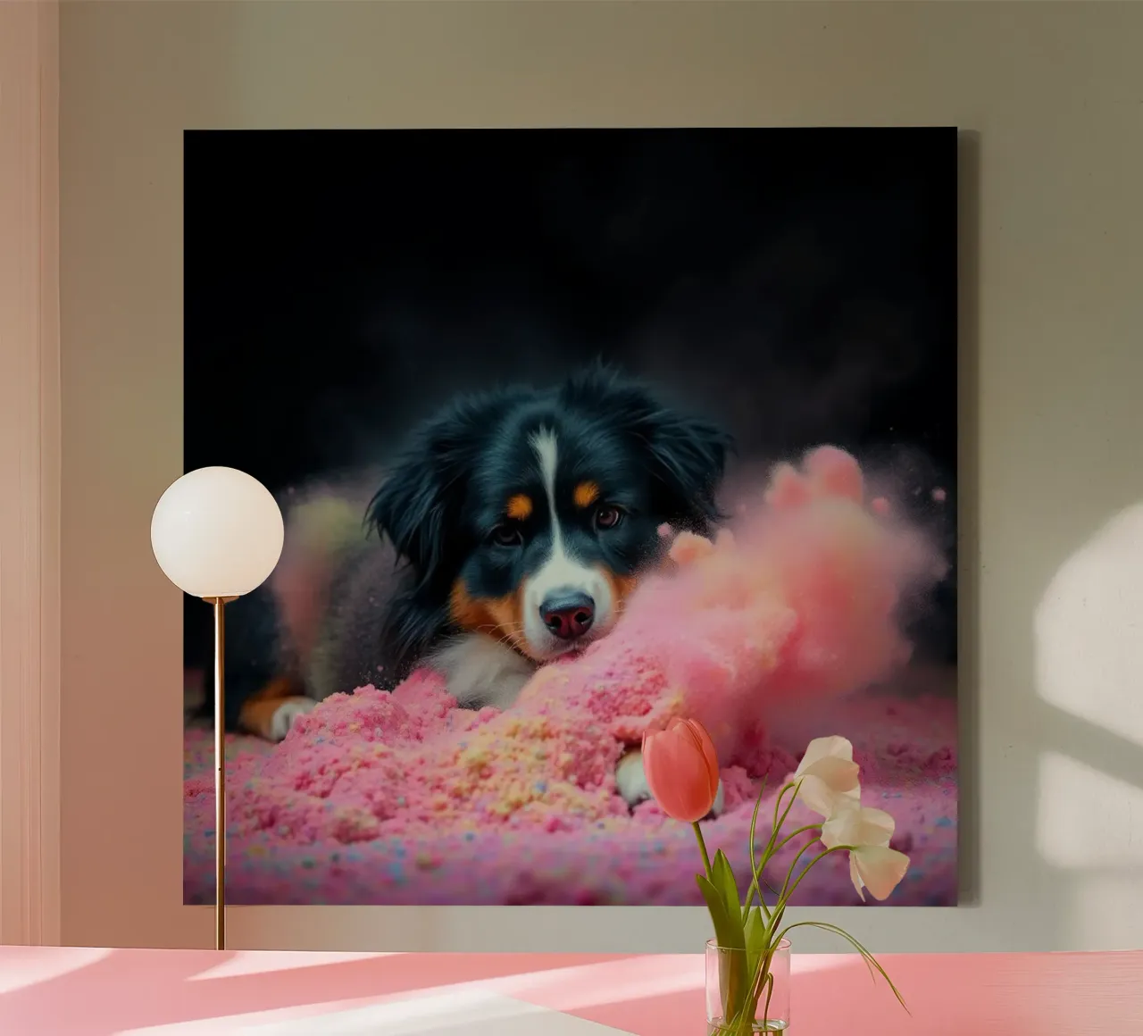 The colorful Bernese Mountain Dog #73 canvas with Floater frame by Yumis.Beargang.and.Me