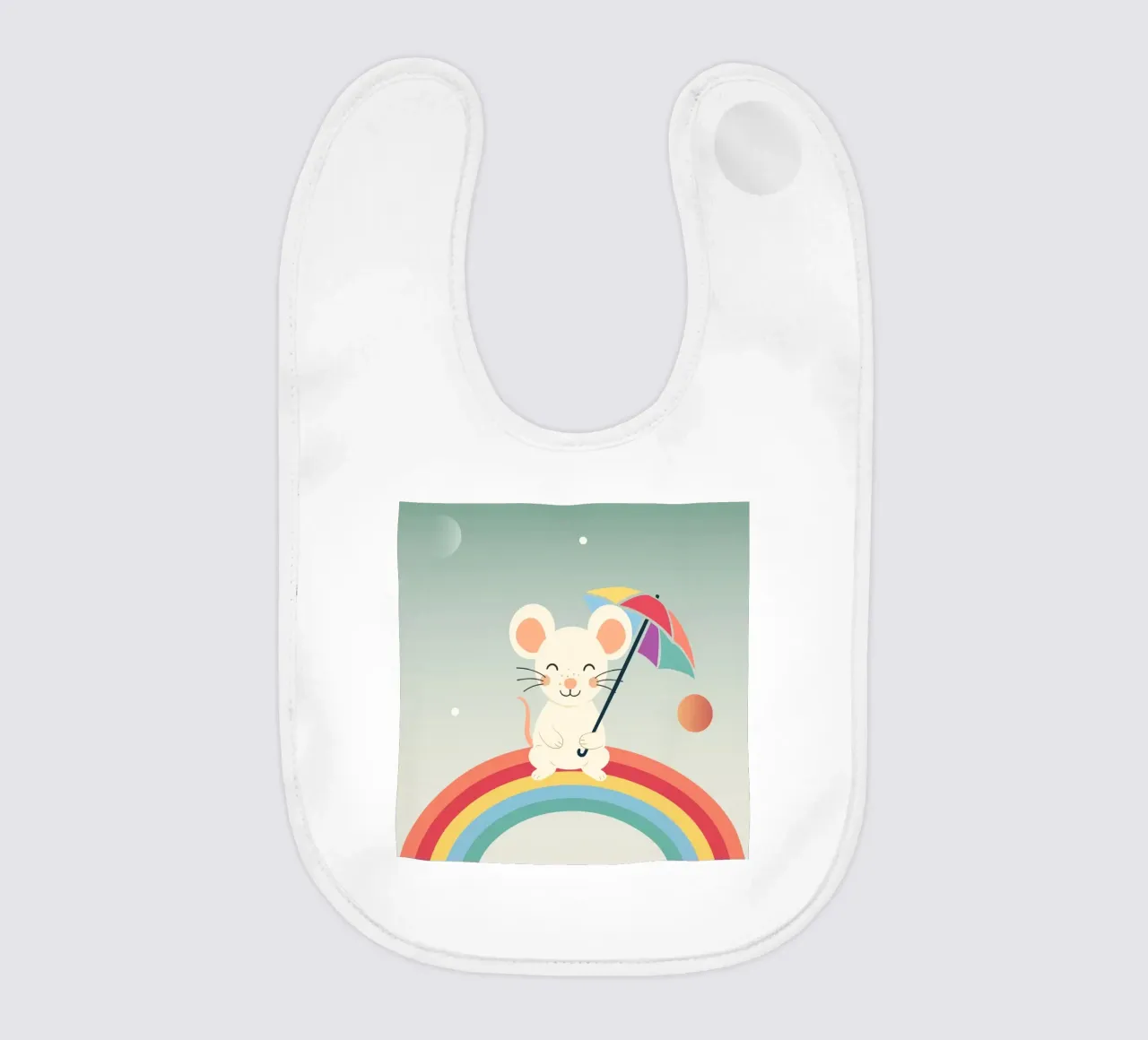 Topo allegro con ombrello su arcobaleno - motivo giocoso bavaglino da namosh